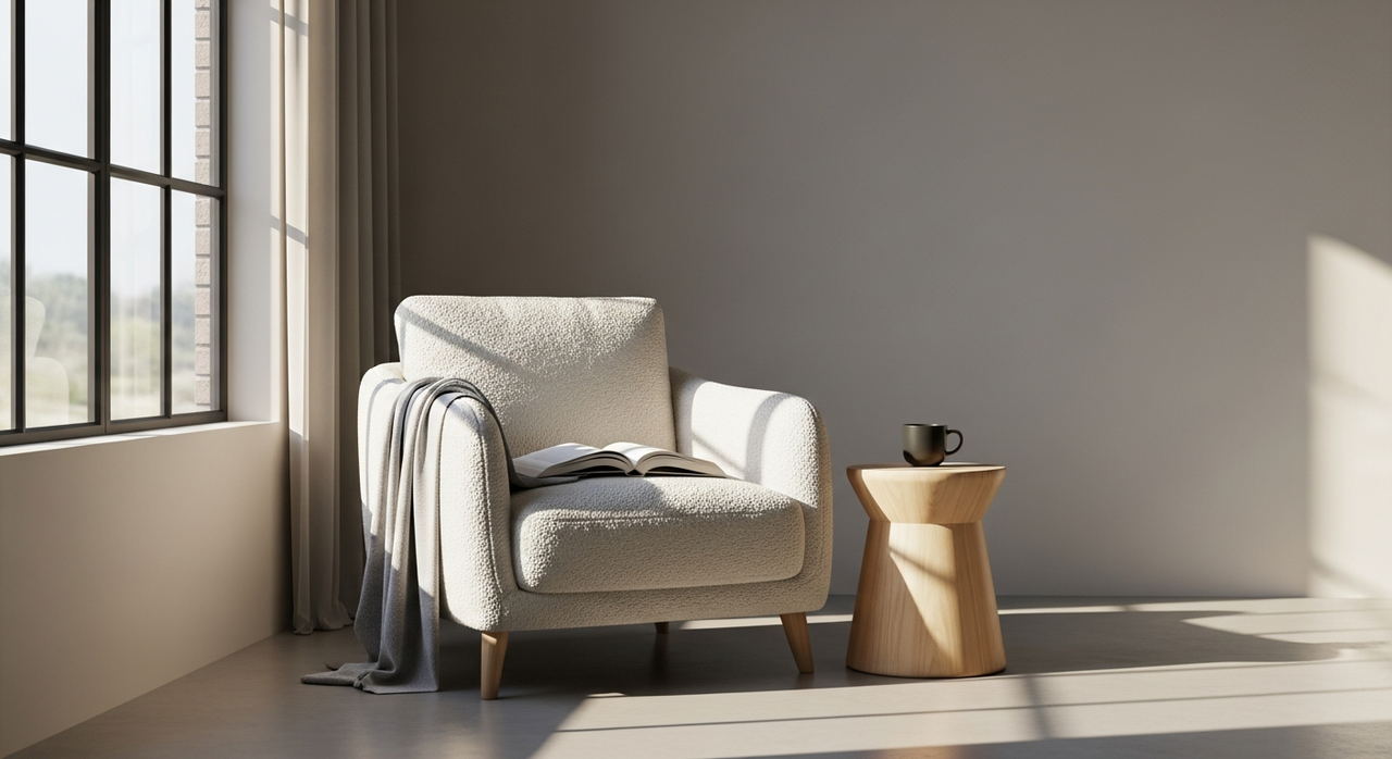 A comfortable armchair with a soft blanket and an open book next to a window.