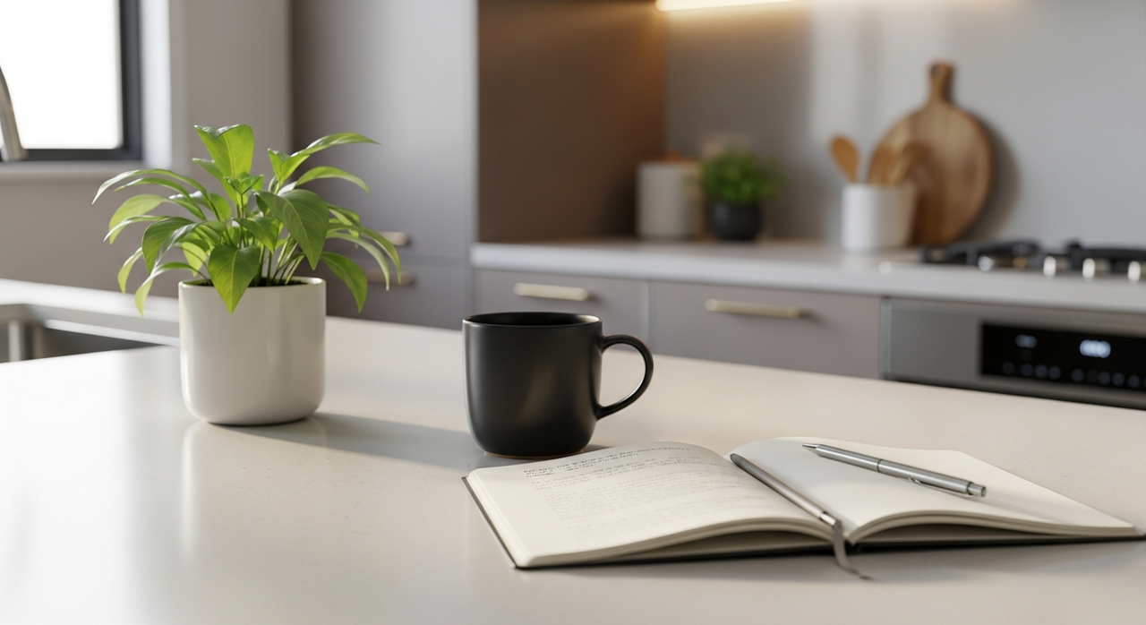 A clean kitchen counter with a ceramic mug, a small plant, and a notebook.