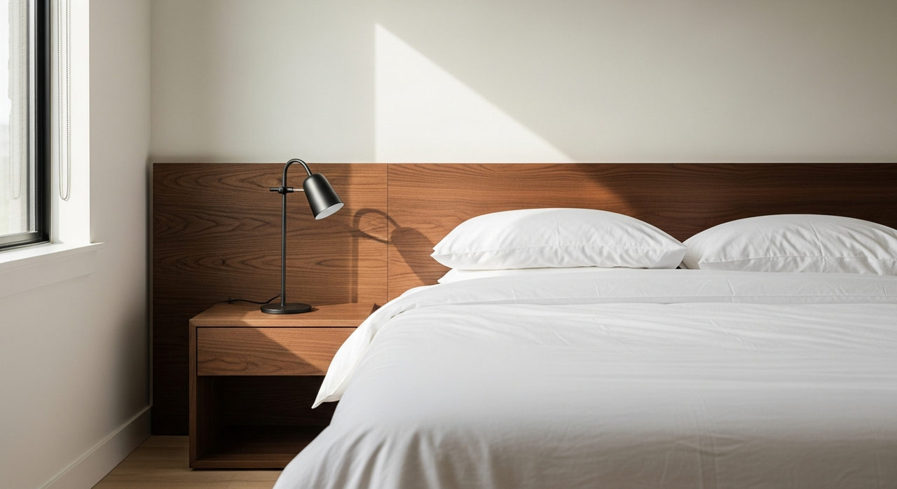 A neatly made bed with white linens, a simple nightstand, and a small lamp.