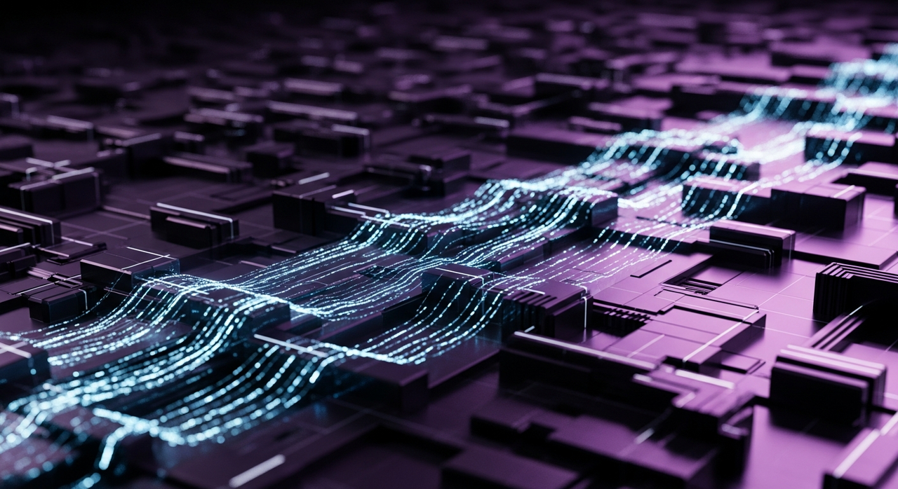 Glowing lines of code flowing across a complex, dark digital network structure.