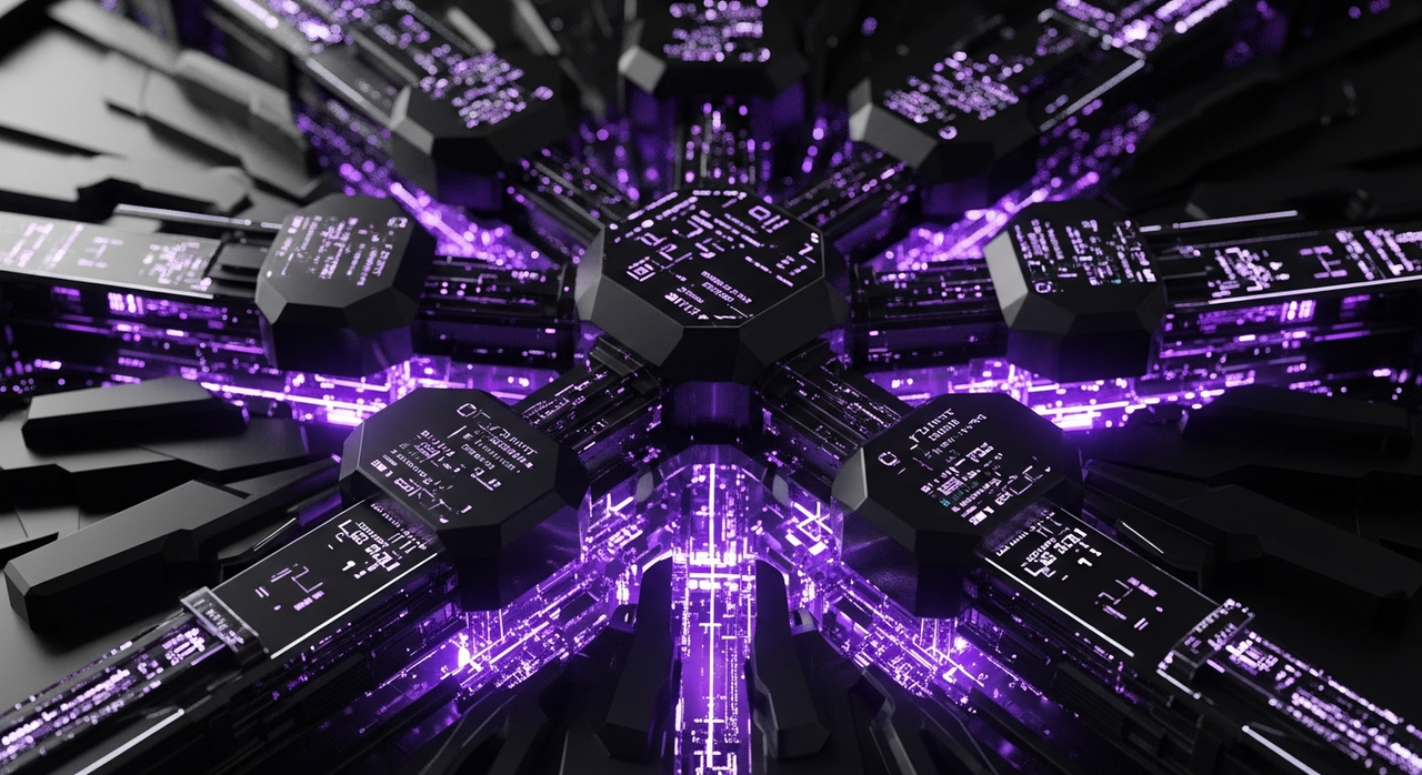 Abstract, interconnected geometric shapes forming a futuristic data processing core.