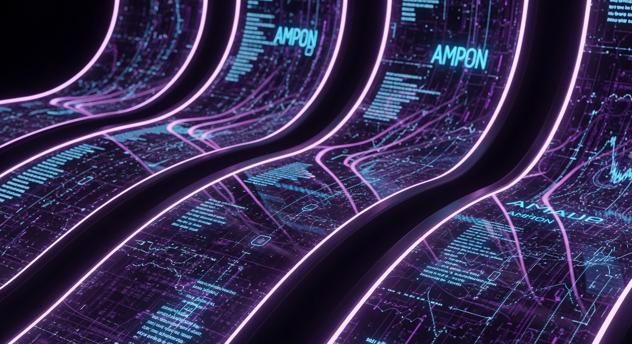 Digital information cascading down a series of reflective, curved glass panels.