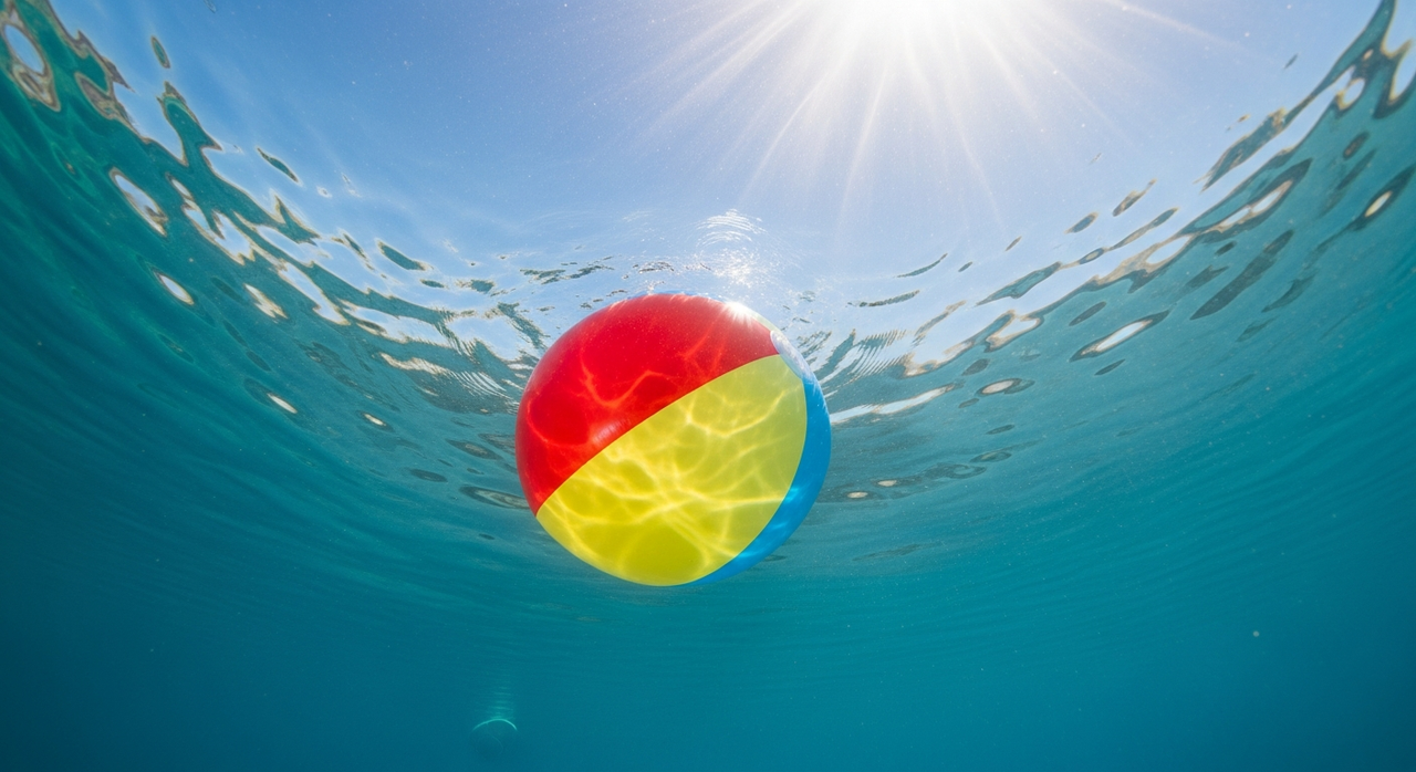 A colorful beach ball partially submerged in clear blue water, viewed from below.