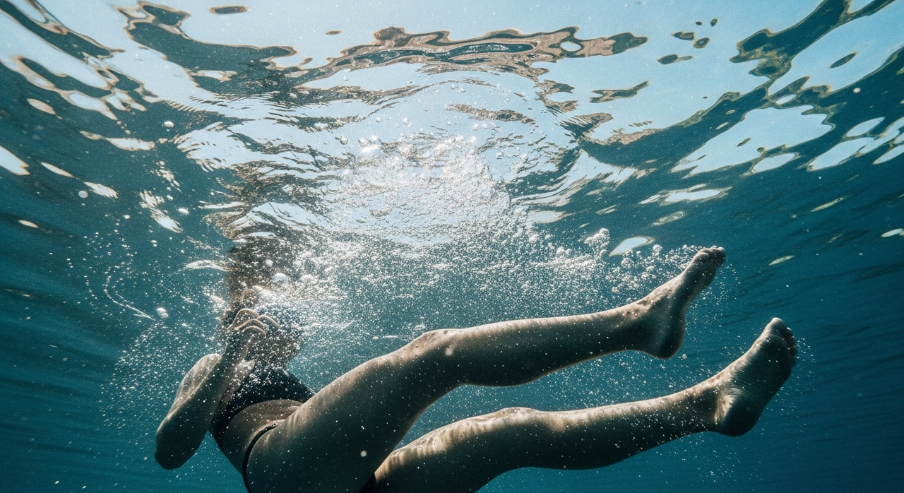 A pair of human legs kicking through clear water, viewed from below the surface.
