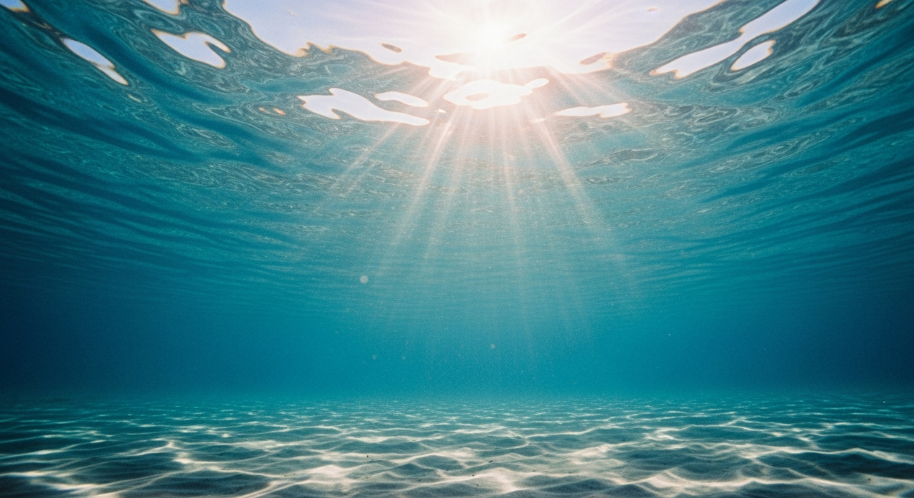 Sunlight streaming through wavy water surface, creating patterns on the bottom, viewed from below.