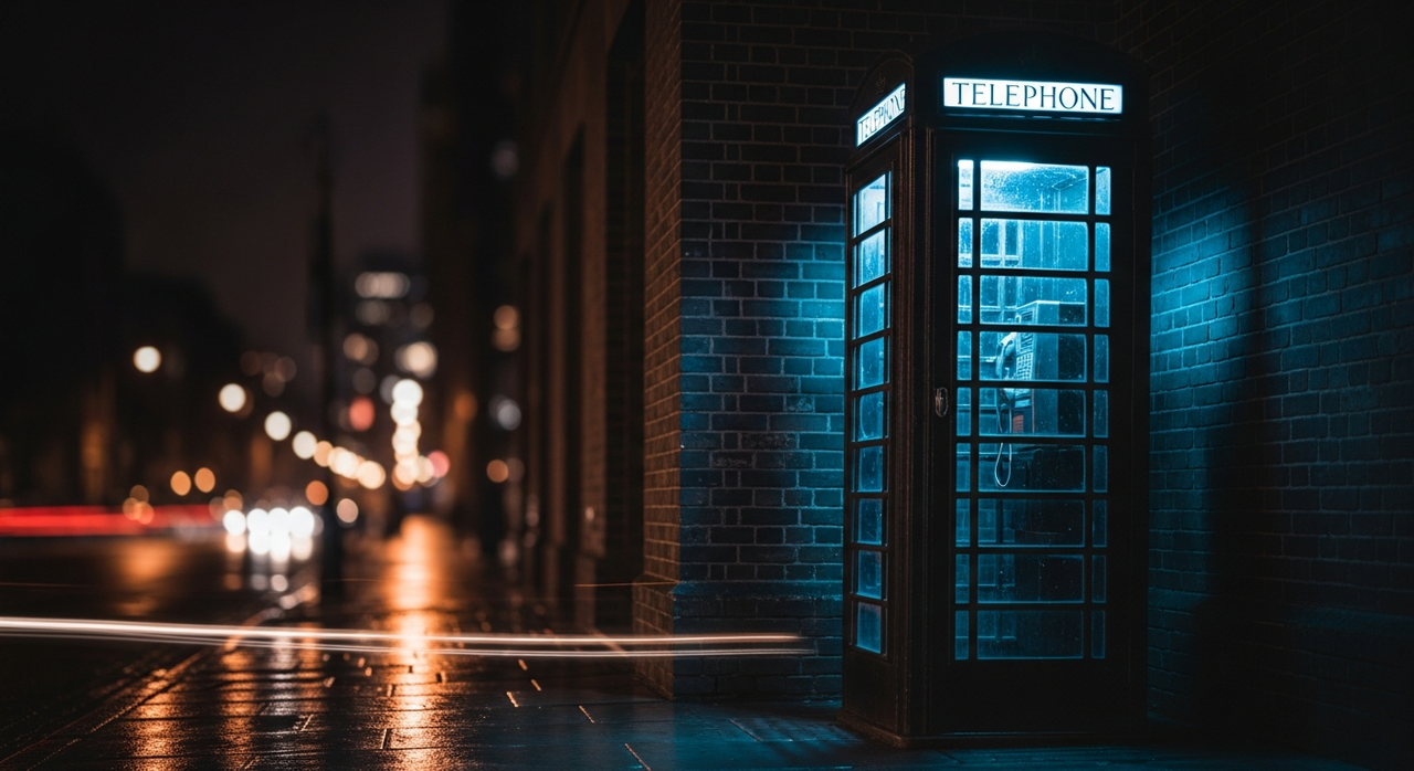 A classic telephone booth illuminated by blue light on a dark, rainy city street at night.