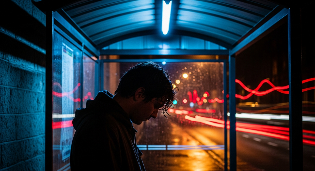 A single person standing under a bus stop shelter at night, bathed in blue light.