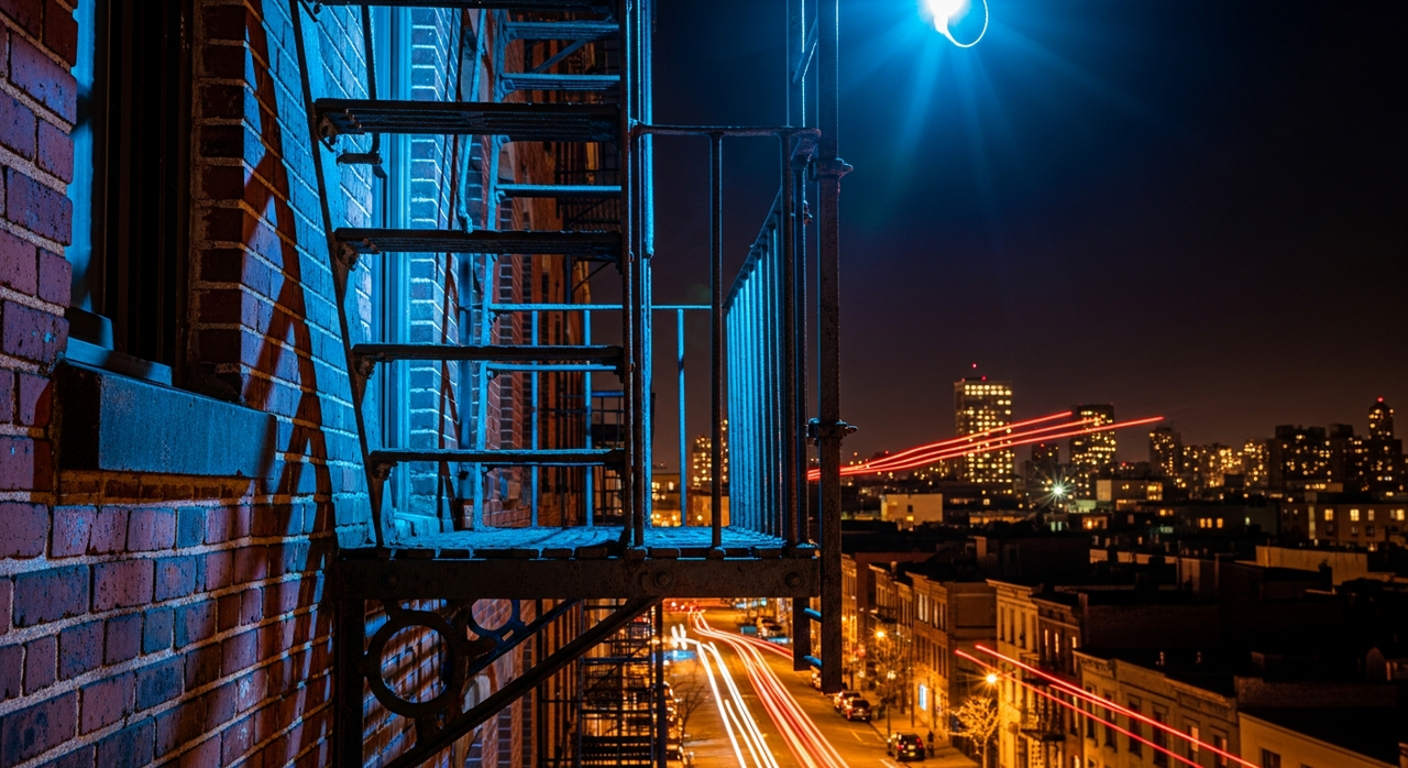 An old fire escape on a brick building, dramatically lit by a cool blue neon glow.