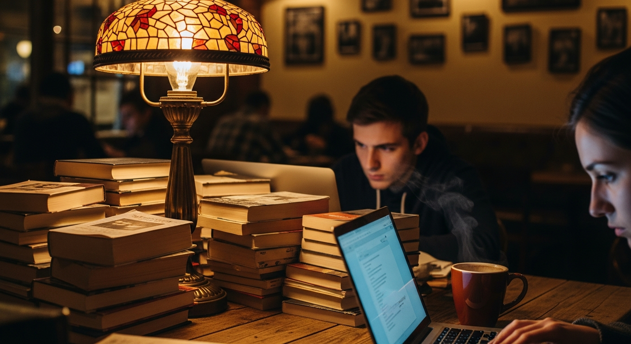 A person focused on a laptop in a cozy cafe, surrounded by books and a coffee.