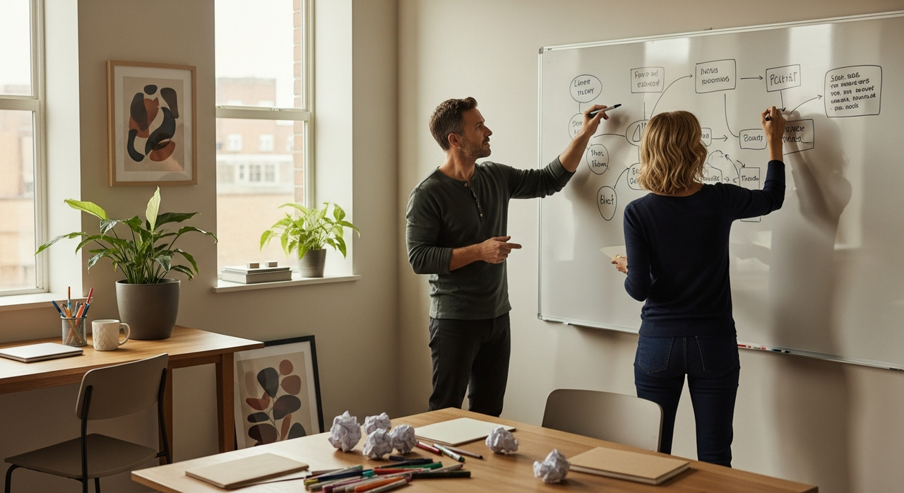 Two individuals actively brainstorming ideas in front of a whiteboard in a modern workspace.