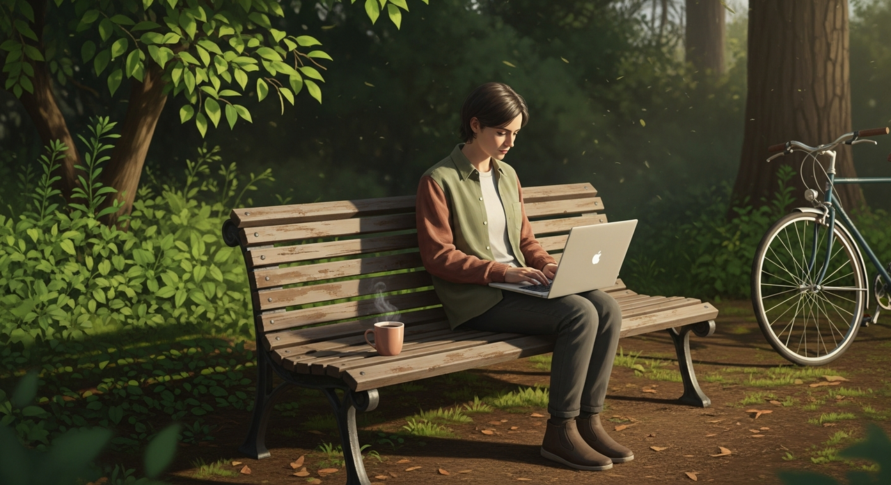 A person working remotely on a laptop outdoors on a park bench surrounded by lush greenery.