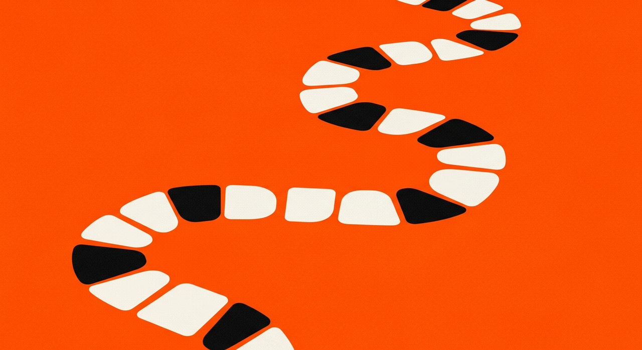 A series of interconnected, irregularly shaped white and black geometric forms on an orange background.