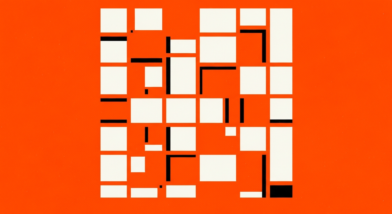 An abstract grid of white squares and rectangles forming a window-like pattern on an orange background.