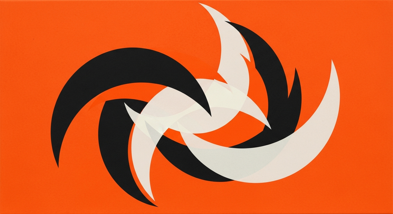 Overlapping abstract black and white crescent shapes creating a dynamic composition on an orange canvas.