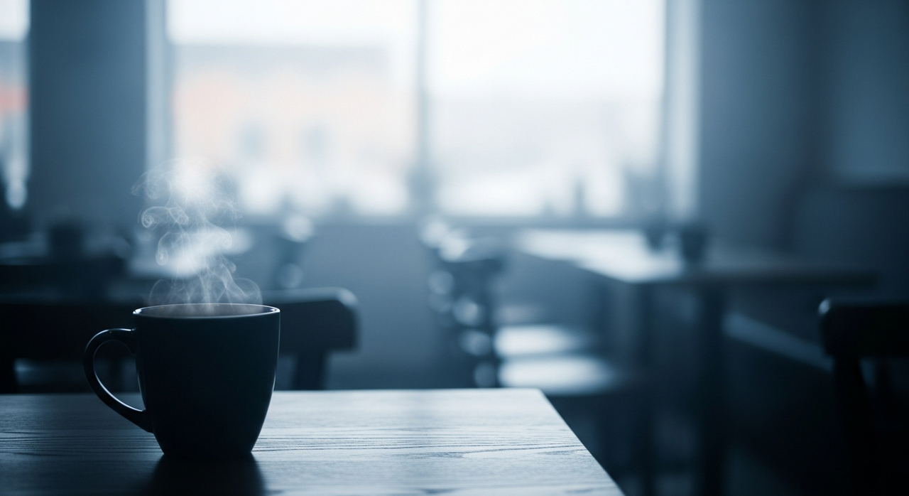 A steaming mug on a cafe table, backlit by a window.