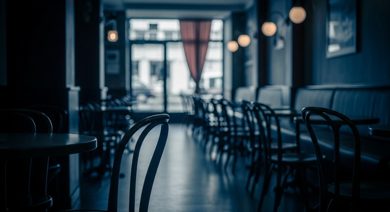 An empty, dimly lit cafe interior with chairs and tables, viewed from a corner.