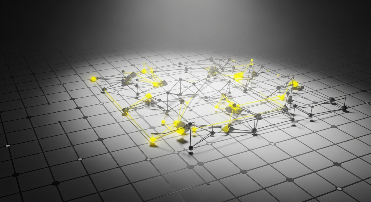 Interconnected glowing nodes forming a network across a grid, viewed from above.