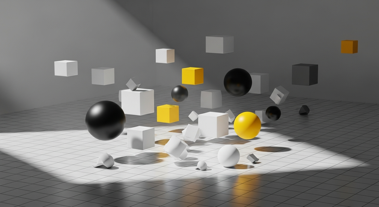 Abstract geometric shapes, some yellow, suspended and interacting within a grid space.