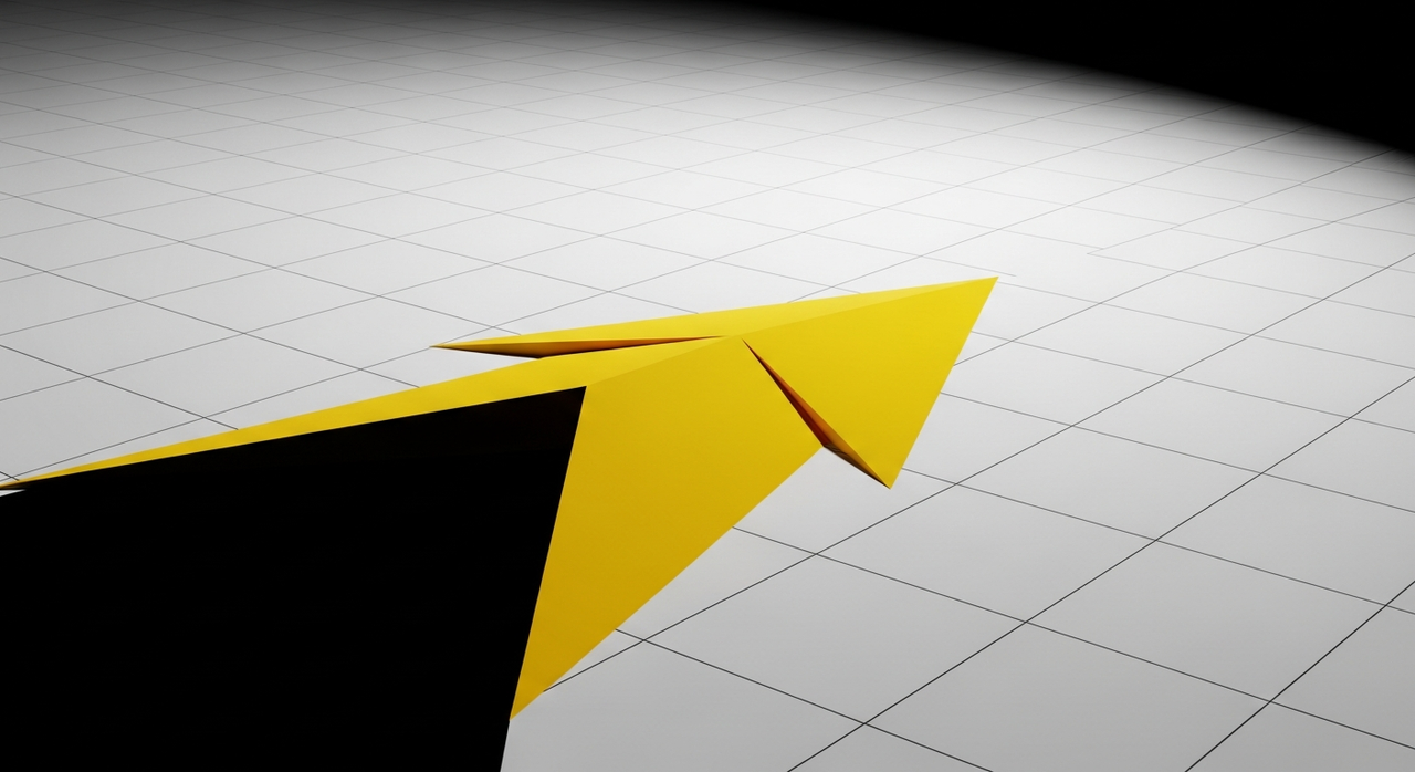 A large, prominent yellow arrow pointing forward on a gridded, minimalist surface.