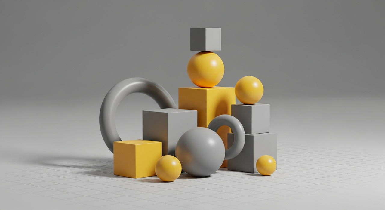 Stacked gray and yellow cubes and spheres on a grid, casting soft shadows.