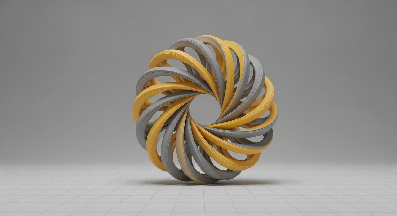 A single yellow and gray spiral geometric structure on a grid.