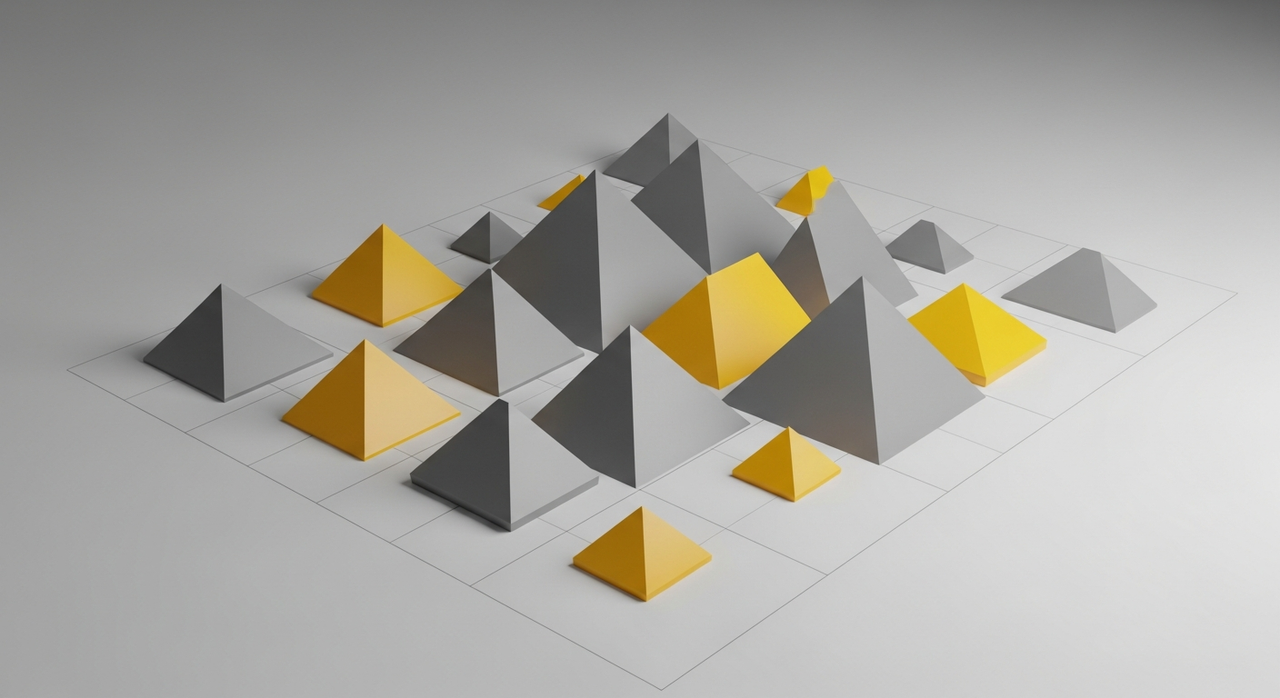 Multiple gray and yellow geometric pyramids arranged diagonally on a grid.