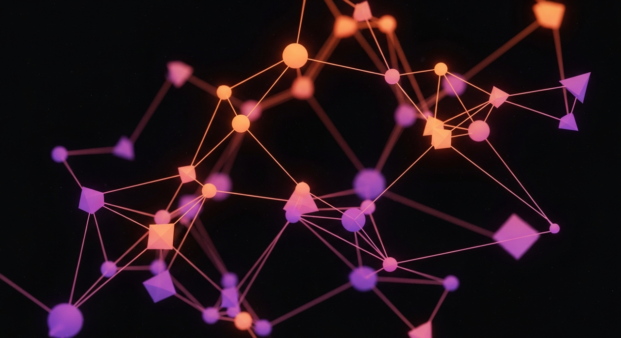 A network of interconnected nodes and lines forming a complex, abstract structure.