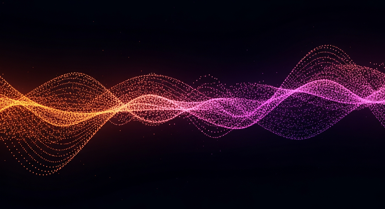 Abstract flowing data streams composed of small particles and curved paths.