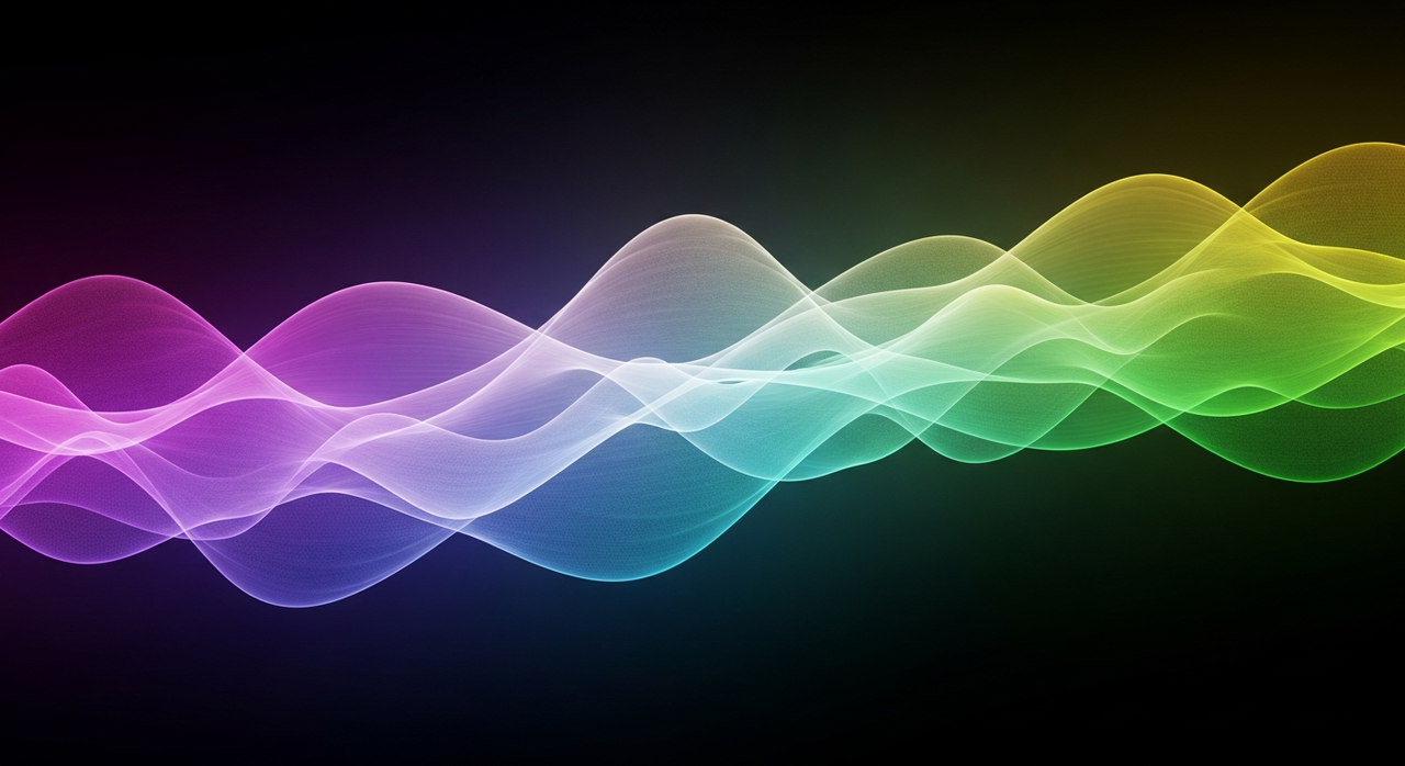 Abstract undulating waves with vibrant iridescent color shifts across their surfaces.