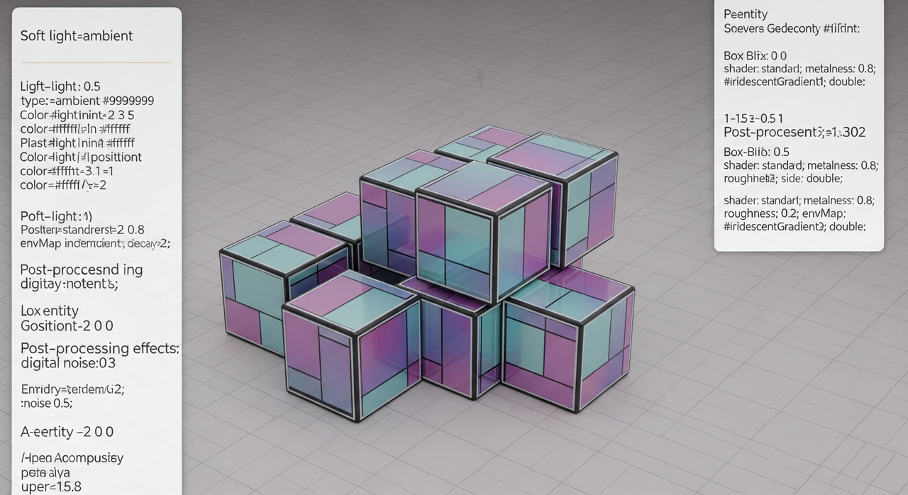 A series of interconnected geometric cubes with holographic reflections receding into the distance.