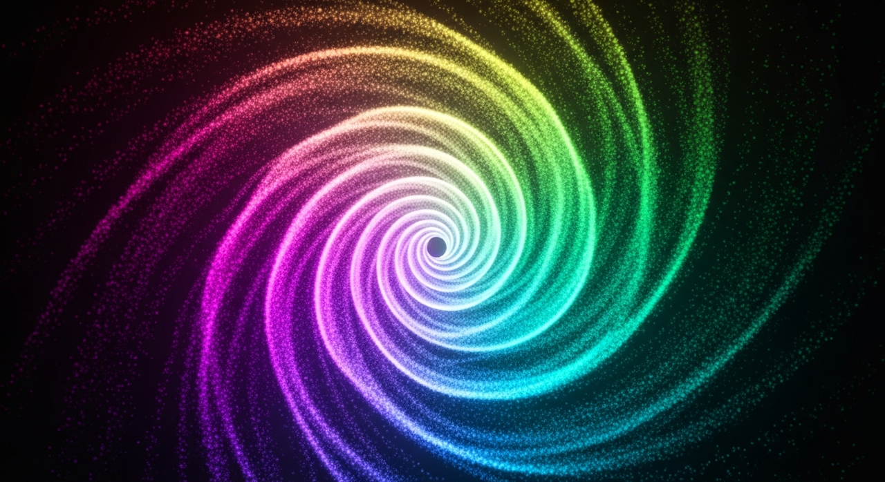 A spiraling vortex of luminous, gradient-filled particles on a dark, textured field.