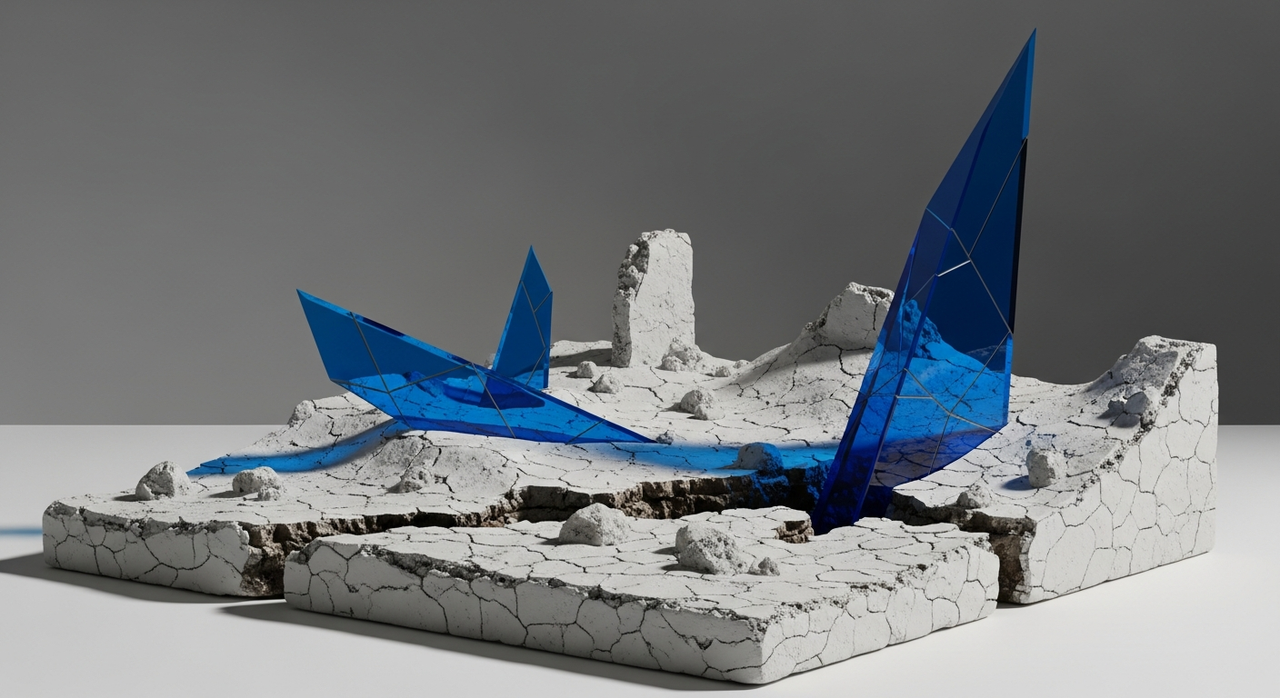 A minimalist architectural model featuring translucent blue and orange walls emerging from a textured base.