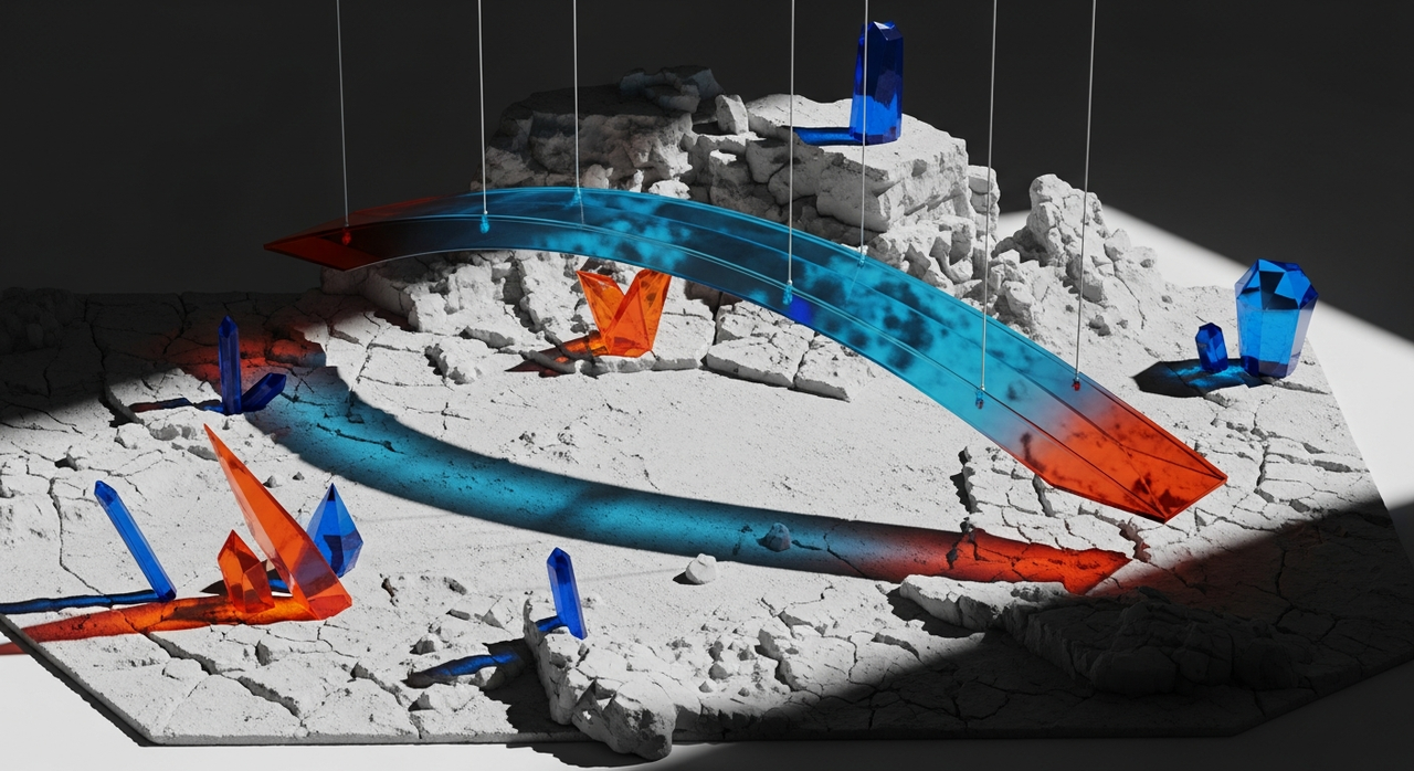A suspended translucent blue and orange bridge-like structure hovering above a textured, crumbled landscape.