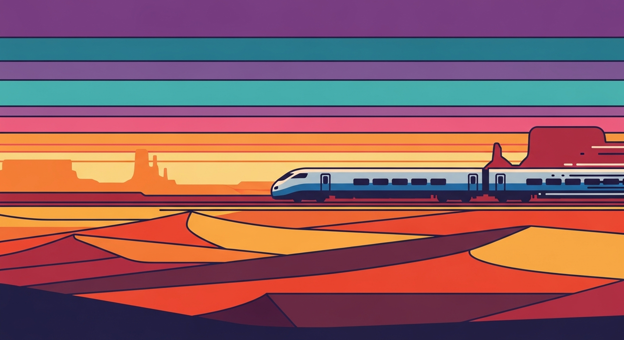 A sleek passenger train travels through a stylized desert landscape at sunset.
