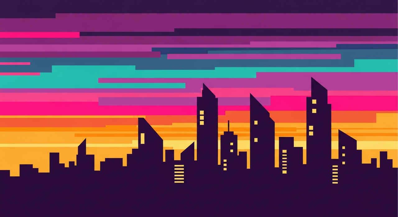 Abstract city skyline with geometric buildings silhouetted against a colorful twilight sky.
