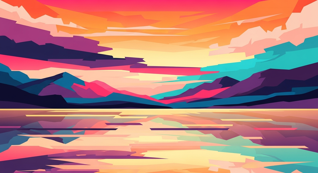 Layered abstract mountains reflected in a calm lake under a vibrant, colorful sky.