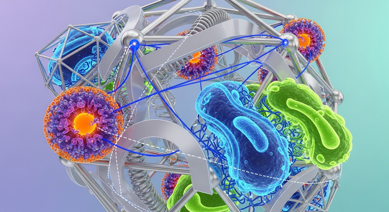 Microscopic cellular structures intertwined within a precise geometric framework, on a soft gradient background.