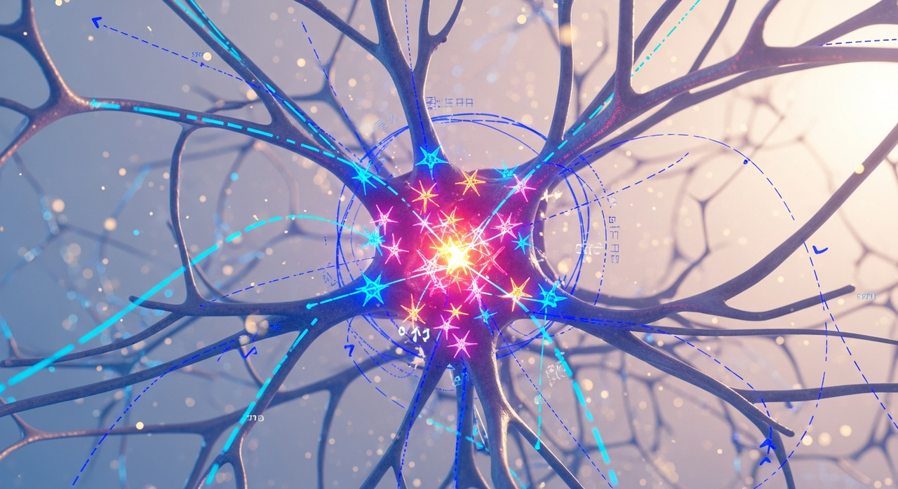 Stylized neural network with glowing nodes and intricate connections, against a soft gradient.