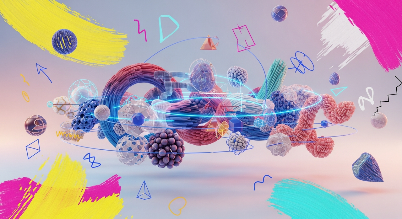 Abstract data visualization with interconnected floating geometric and organic forms.