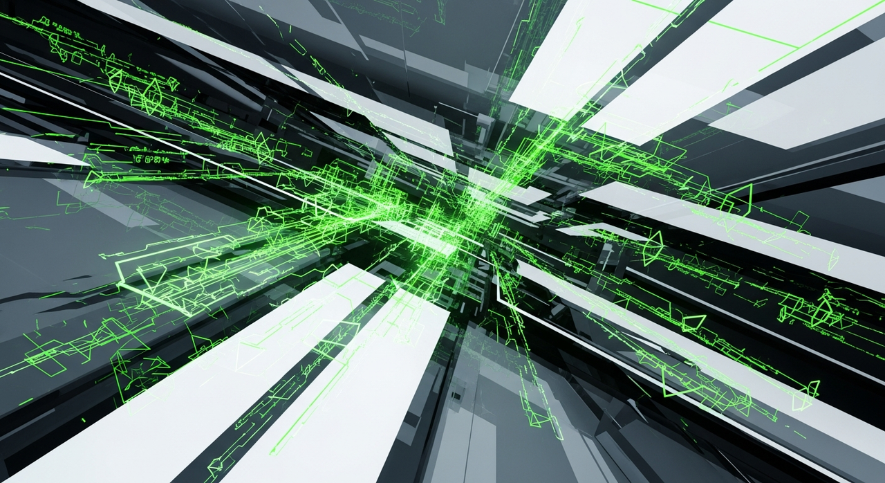Abstract data streams with glowing green lines and geometric shapes moving through digital pathways.