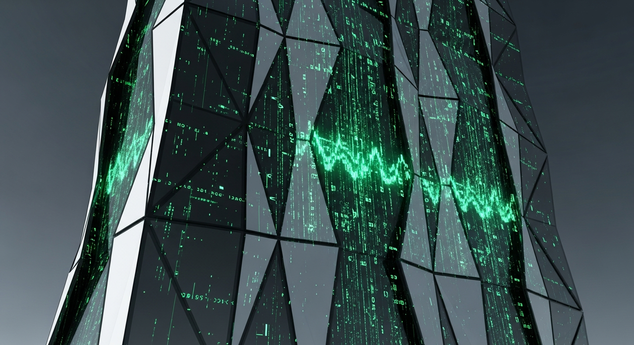 A futuristic building facade composed of reflective surfaces with neon green data patterns flowing across it.