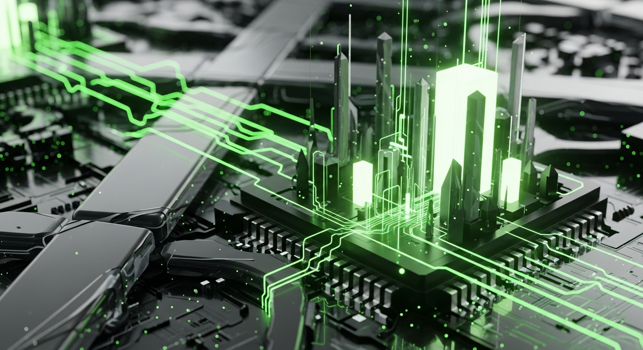 An abstract close-up of a microchip or circuit board with glowing green connections and geometric components.