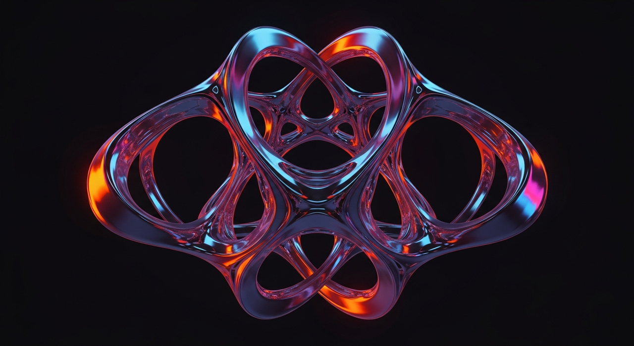 Abstract reflective interconnected geometric shapes, floating in a dark void.