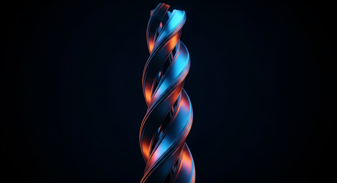 A single, large, reflective, spiraling geometric column against a deep black.