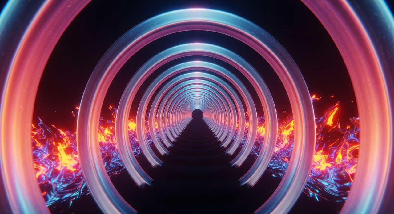 A series of reflective archways creating an abstract, iridescent tunnel effect.