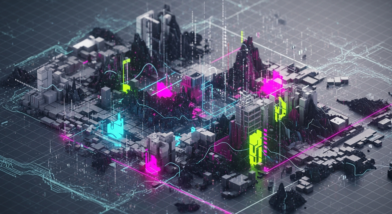 A fragmented futuristic cityscape floating in the digital space, with glowing data streams.