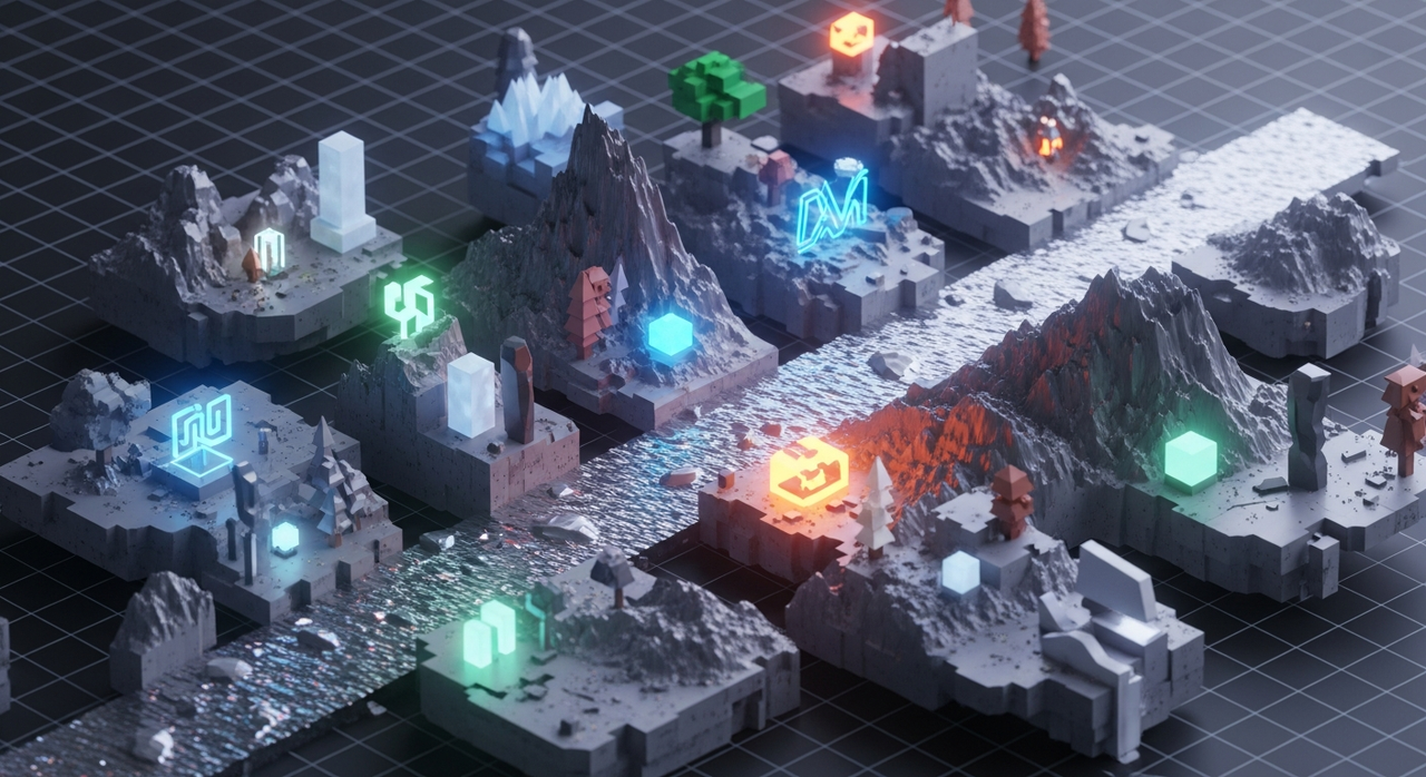 A digital river flowing through a fragmented valley, with abstract glowing elements.