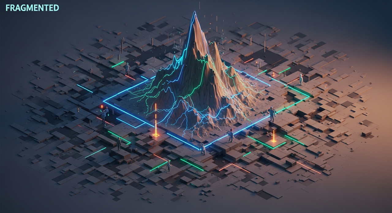 Abstract mountain peaks emerging from fragmented terrain, with ethereal glowing outlines.