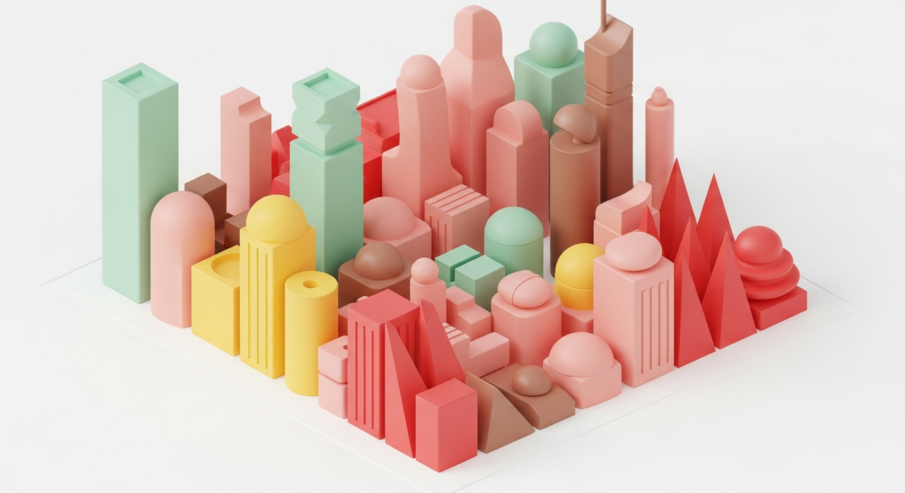 An aerial view of an abstract city grid made of various colorful geometric blocks.