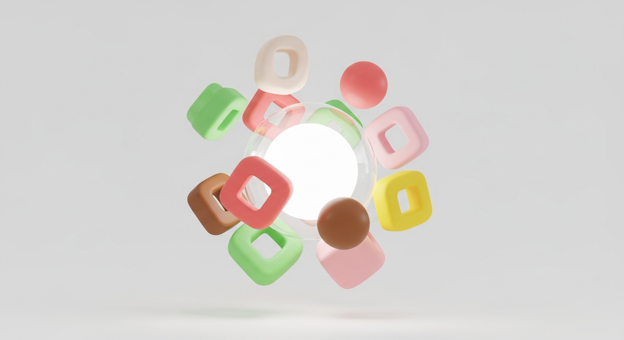 Several floating, colorful, geometric forms orbiting a central, glowing, ethereal sphere.